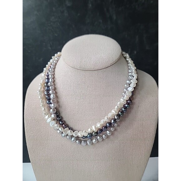 925 Sterling Silver Multistrand & Multicolored Pearl Beaded Necklace Adjustable - Picture 2 of 10